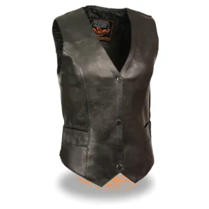 Milwaukee Leather ML1253 Women's Black Premium Leather V-Neck Motorcycle Rider Vest w/ Milwaukee Leather Logo Snaps Closure