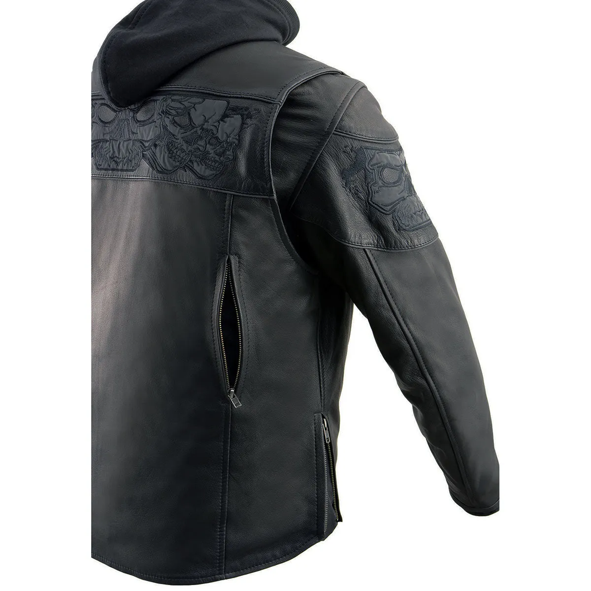 Milwaukee Leather MLM1563 Men's Black Leather Scooter Style Motorcycle Jacket with Reflective Skulls w/ Hoodie