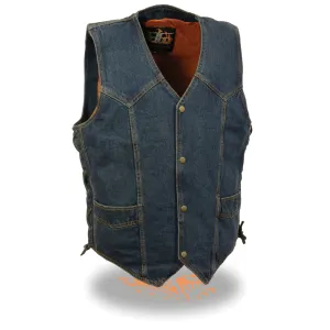 Milwaukee Performance Denim DM1315 Blue Men's Classic Snap Front Side Lace Denim Vest