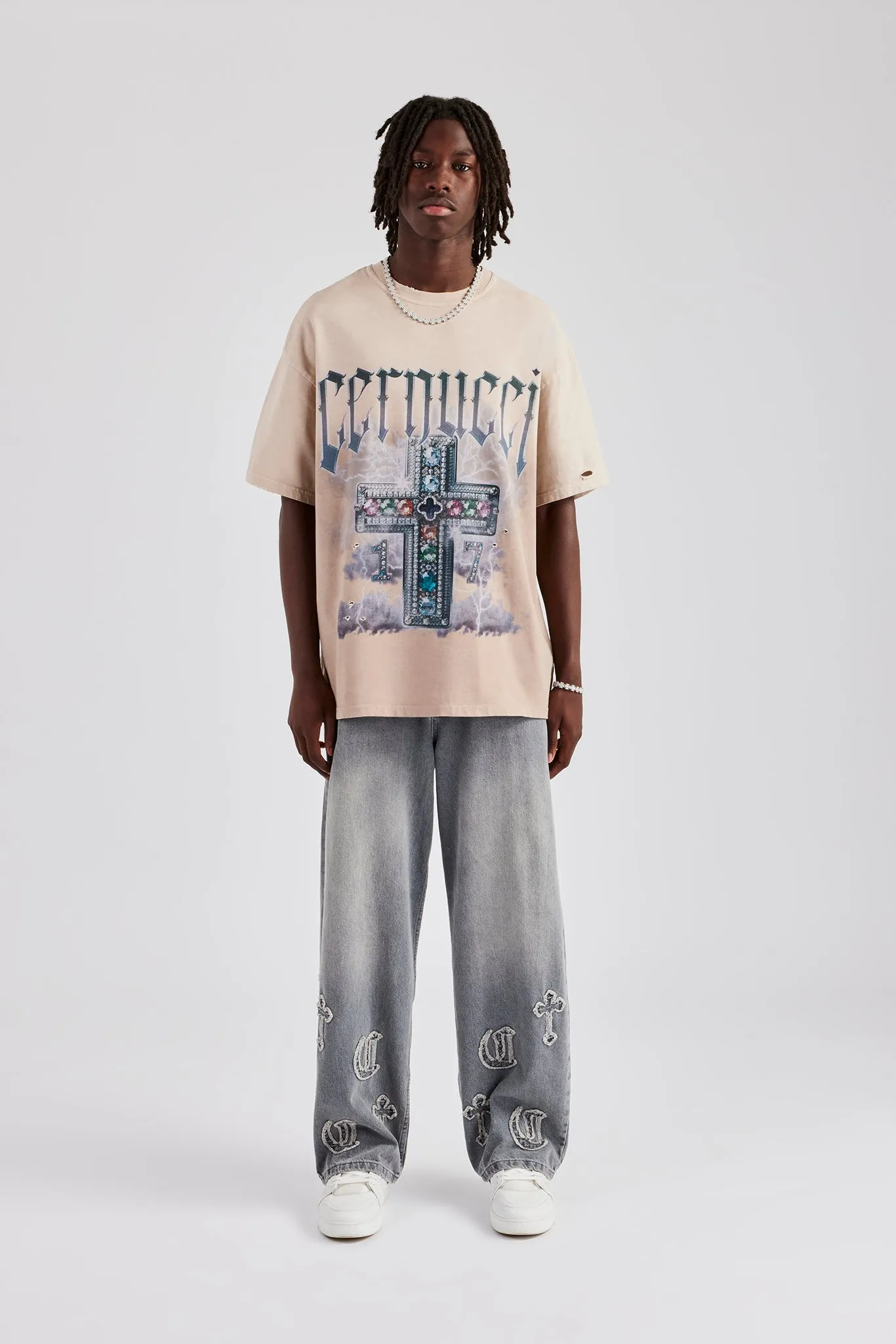 Multi Gem Cross Distressed Oversized Graphic T-Shirt - Taupe