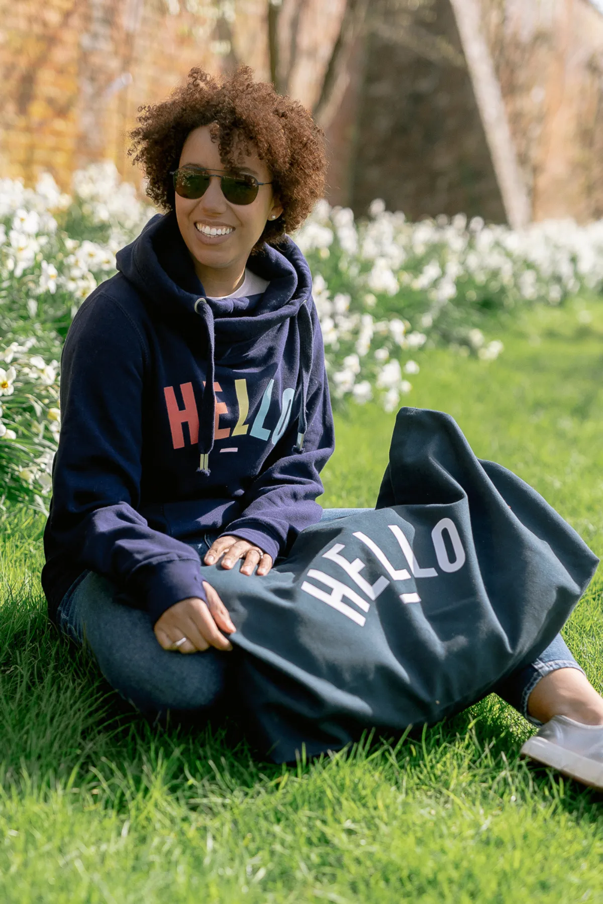 Navy Confetti Hello Cowl Neck Hoodie