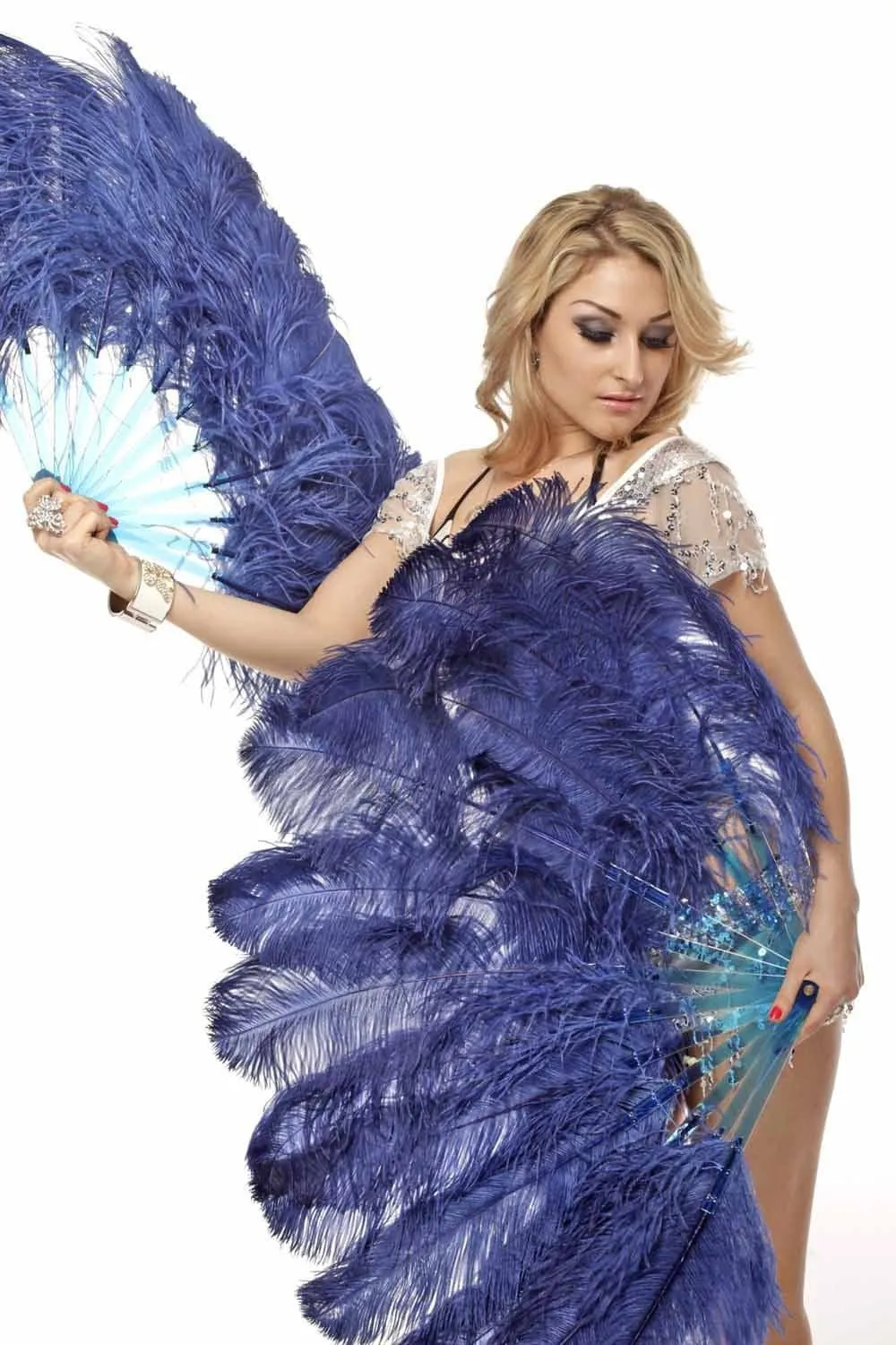 Navy intermediate 2 layers Ostrich Feather Fan 30"x 54"