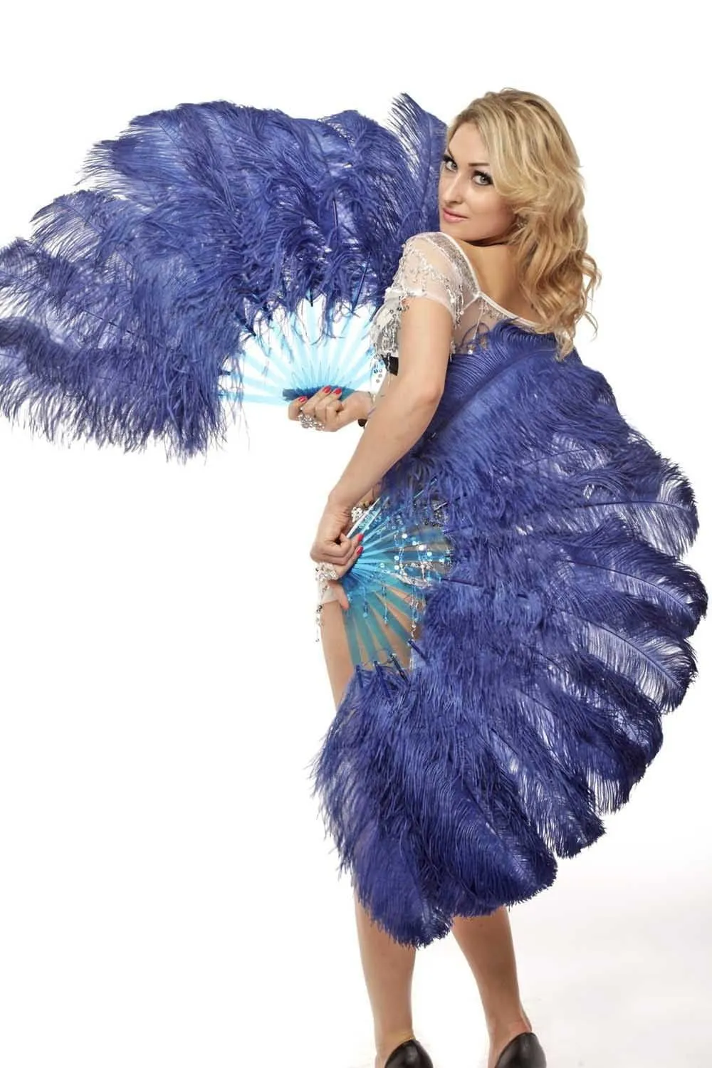 Navy intermediate 2 layers Ostrich Feather Fan 30"x 54"