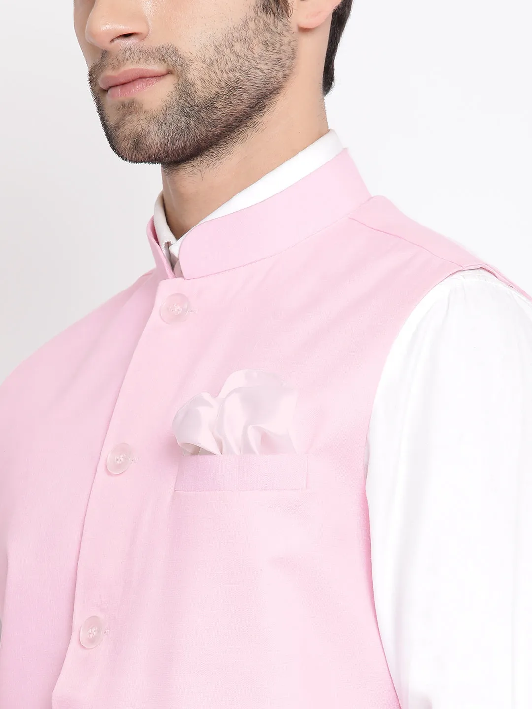 Pink Cotton Blend Nehru Jacket with Mandarin Collar