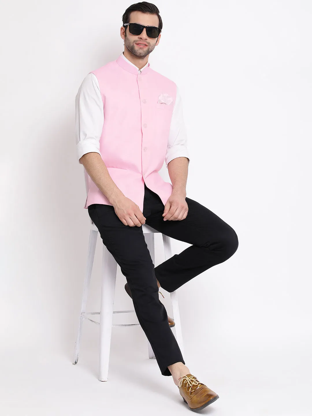 Pink Cotton Blend Nehru Jacket with Mandarin Collar