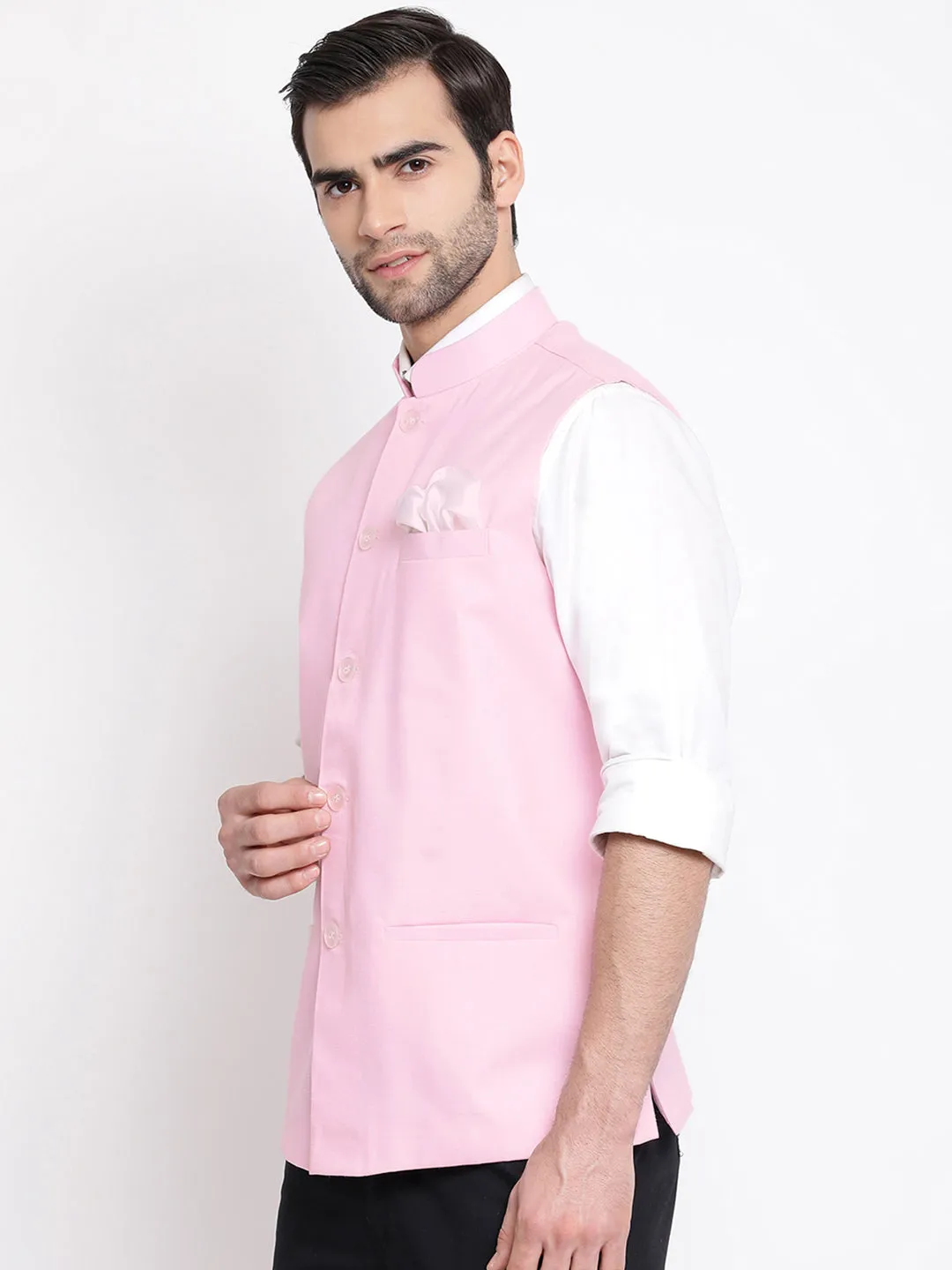 Pink Cotton Blend Nehru Jacket with Mandarin Collar