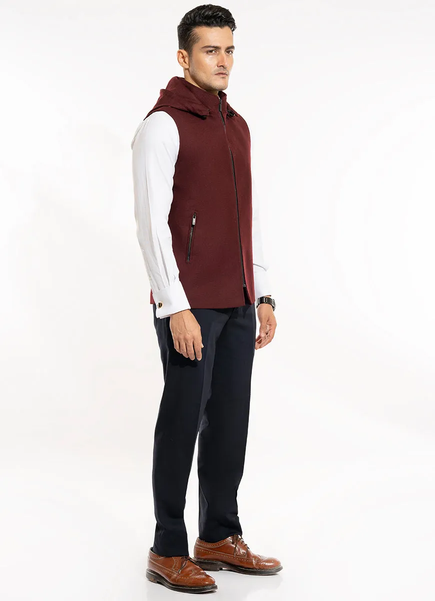 Plain Twill-Maroon, Wool Rich, Worsted Tweed High Neck Sleeveless Hoodie