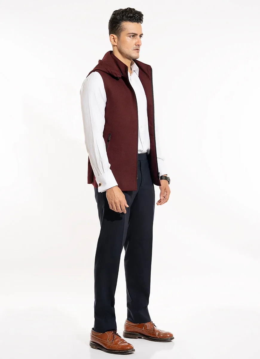 Plain Twill-Maroon, Wool Rich, Worsted Tweed High Neck Sleeveless Hoodie