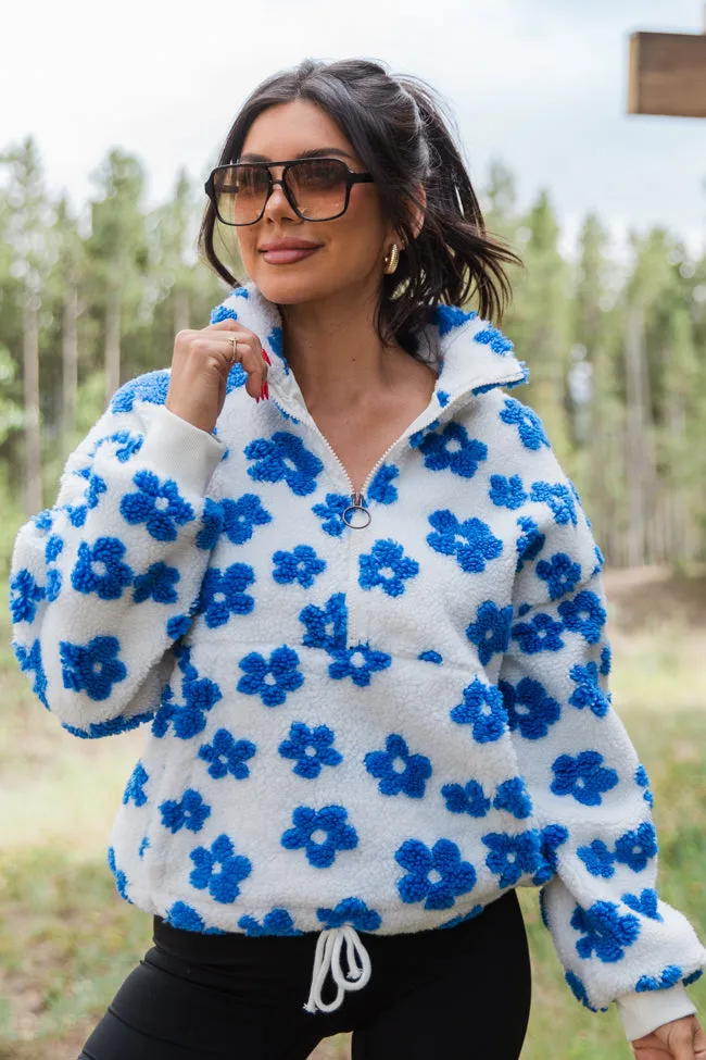 Playing For Keeps Blue and Ivory Floral Print Sherpa Pullover