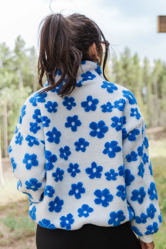 Playing For Keeps Blue and Ivory Floral Print Sherpa Pullover