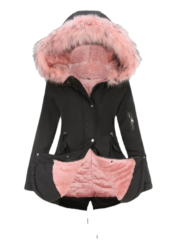 Plus Size Women Contrast Plush Lined Thick Hooded Coats With Faux Fur