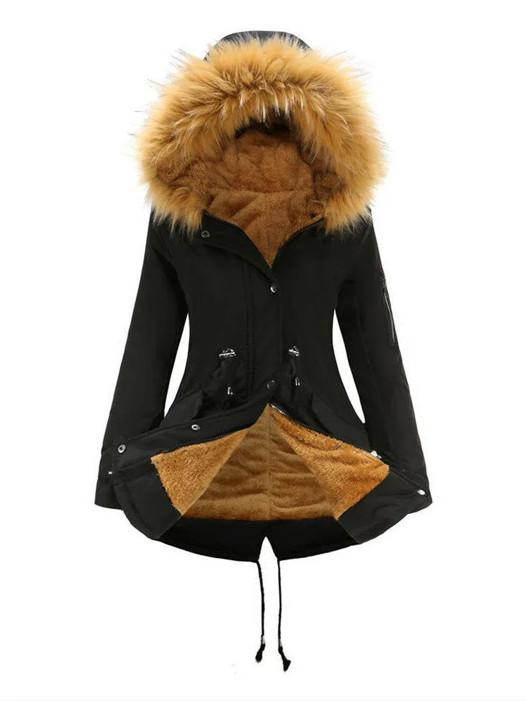 Plus Size Women Contrast Plush Lined Thick Hooded Coats With Faux Fur