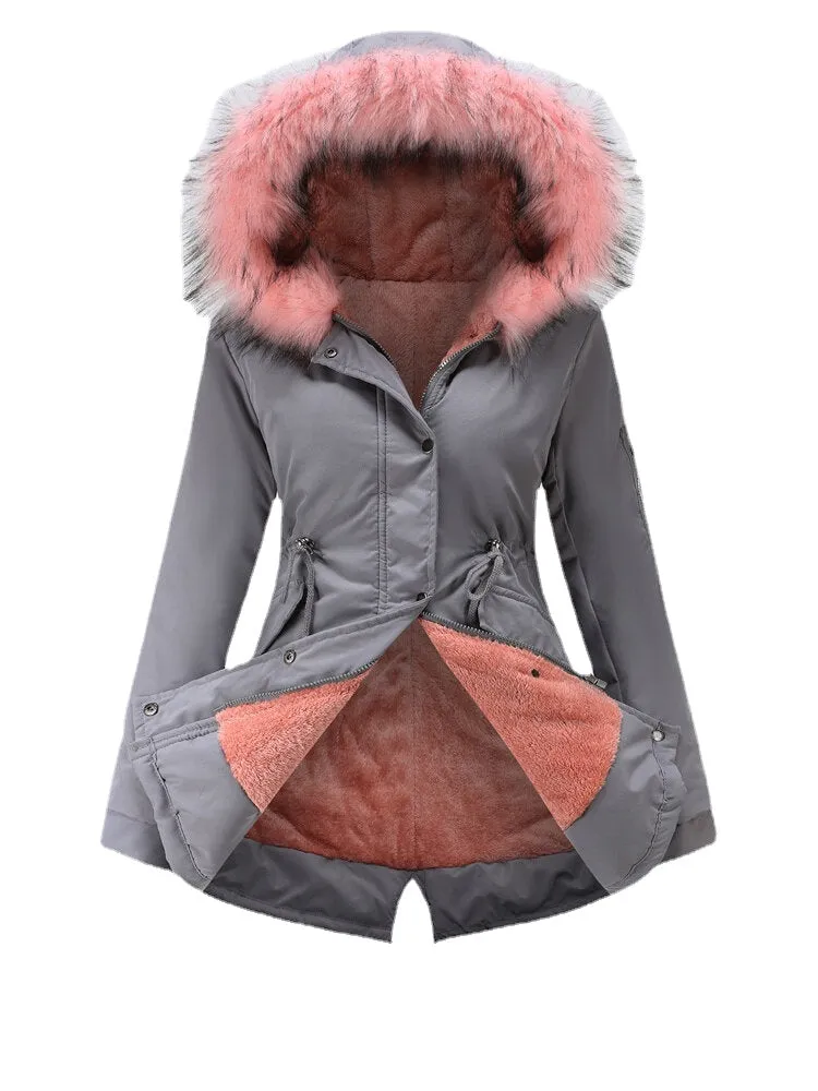 Plus Size Women Contrast Plush Lined Thick Hooded Coats With Faux Fur