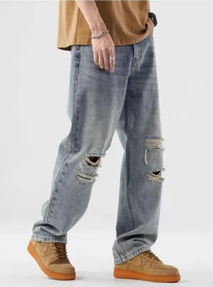 Riolio - Light Wash Distressed Knee Jeans - chill guy 90s fashion mens fashion