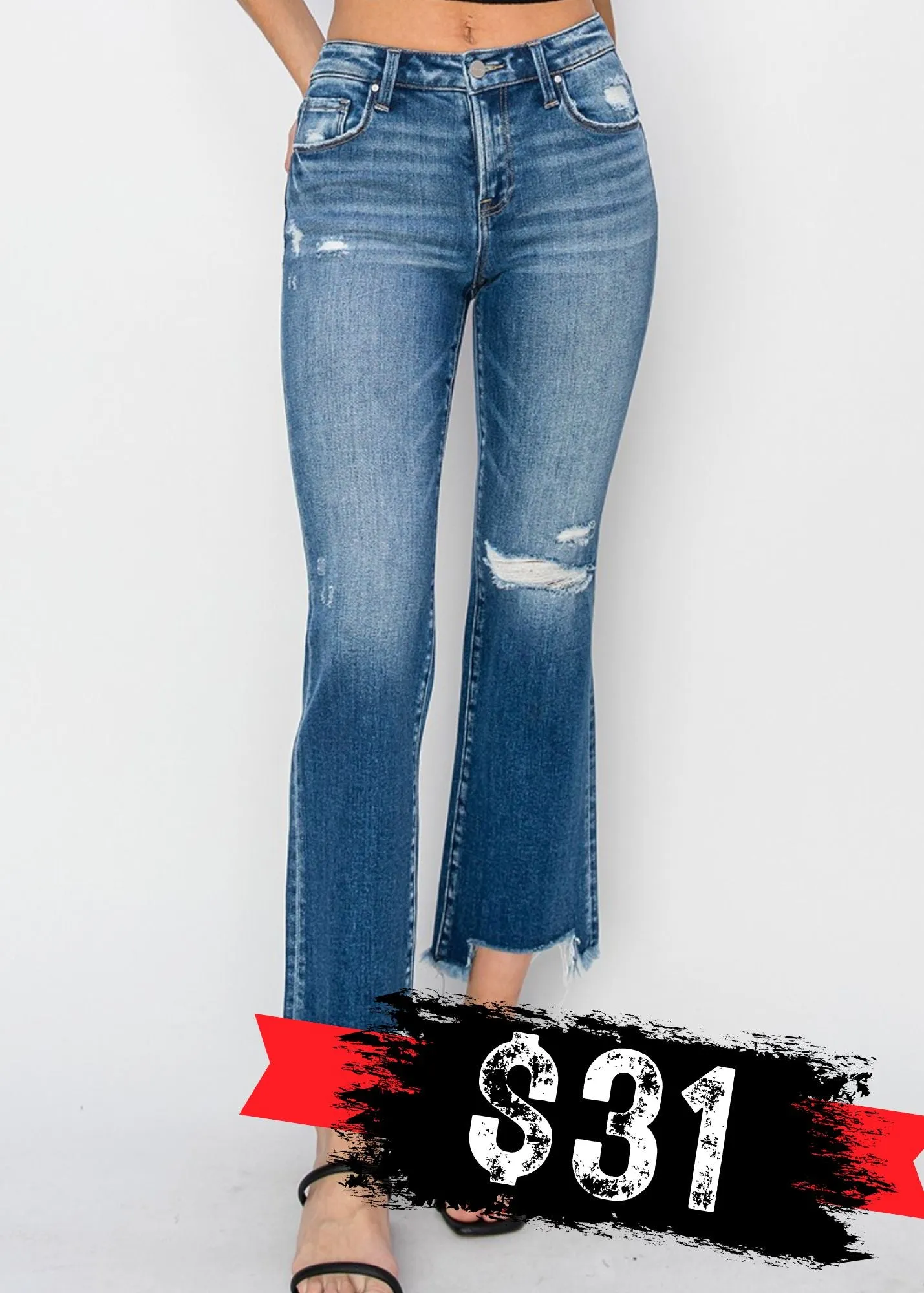 Risen: Mid Rise Frayed Straight Jeans