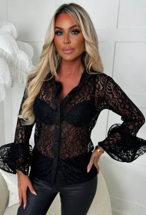 Romantic Energy Black Lace Flared Sleeve Blouse