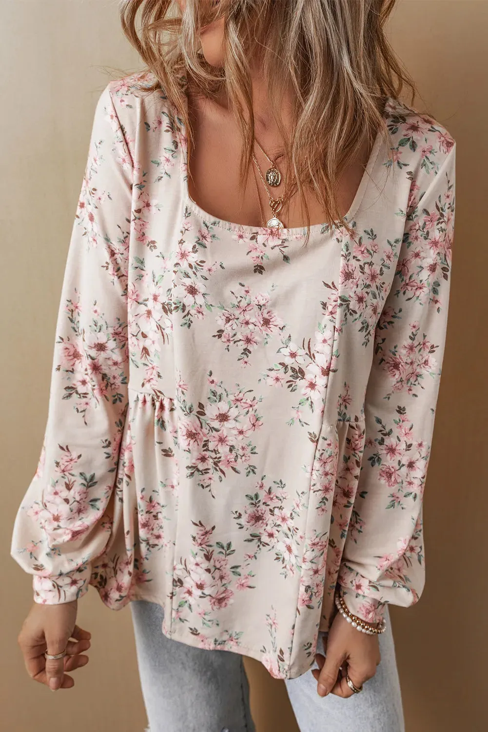 Romantic Printed Square Neck Long Sleeve Blouse- Empire Style