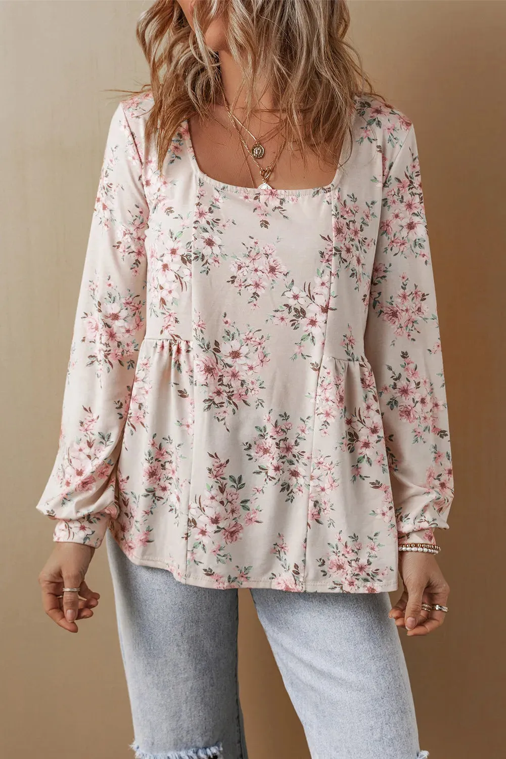 Romantic Printed Square Neck Long Sleeve Blouse- Empire Style