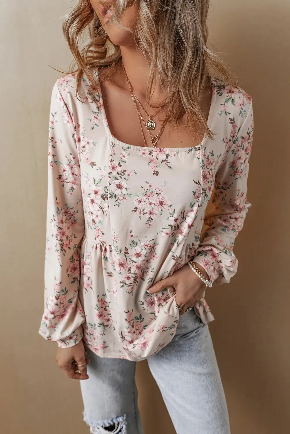 Romantic Printed Square Neck Long Sleeve Blouse- Empire Style