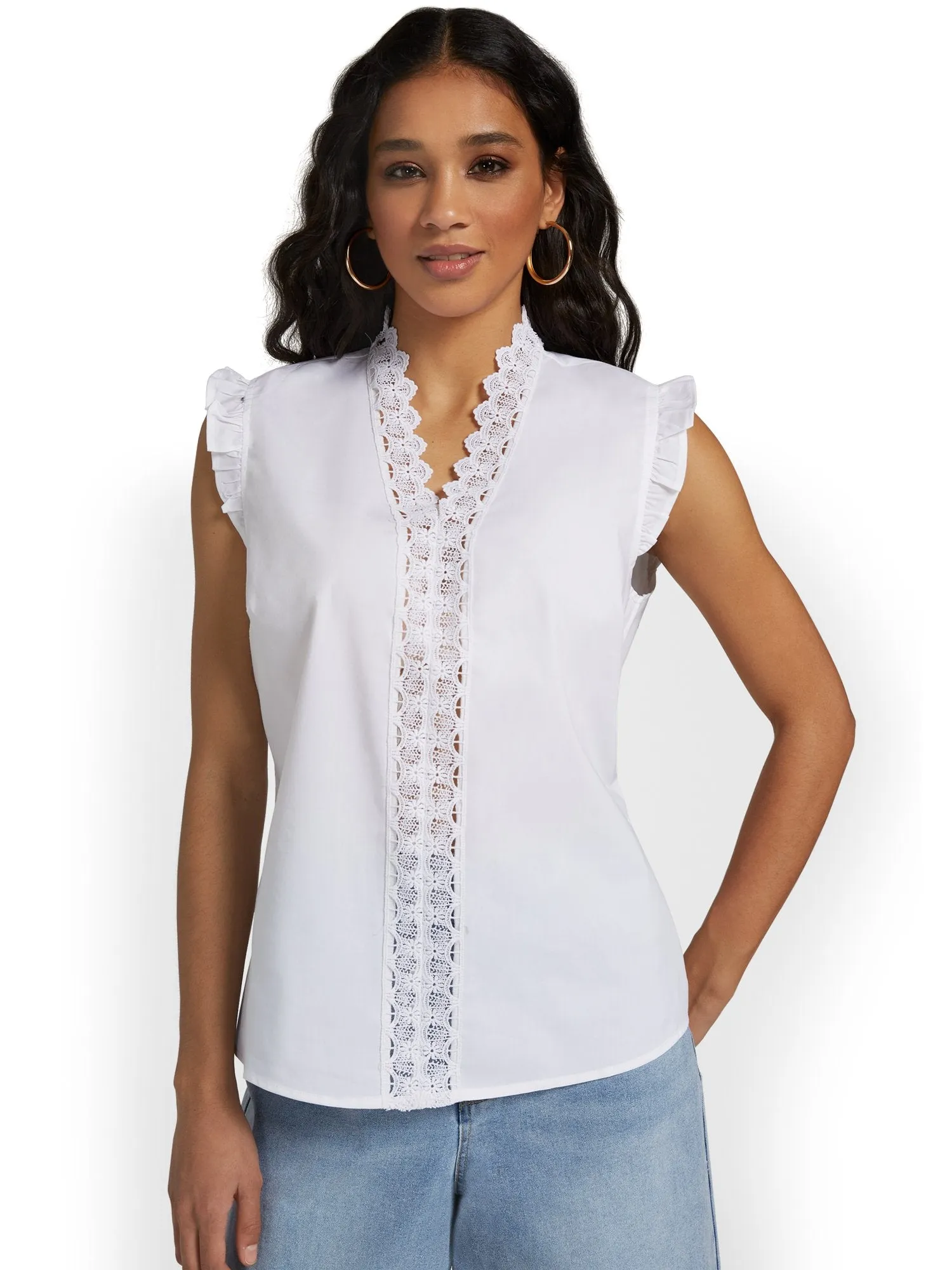 Ruffle-Front Poplin Eyelet Blouse - Lily & Cali