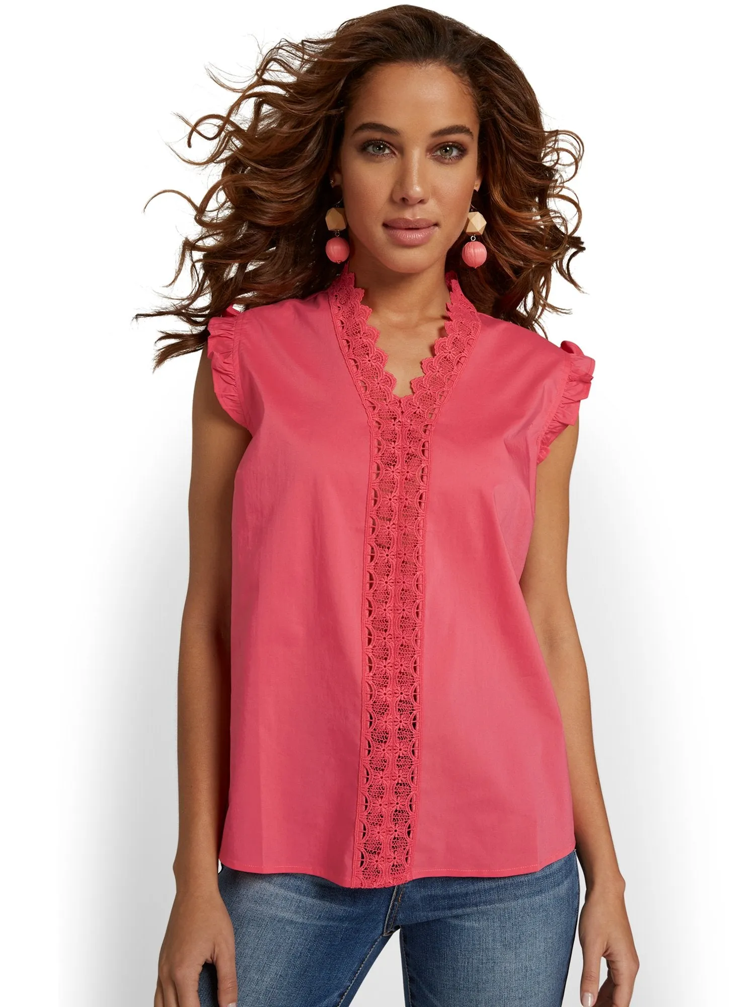 Ruffle-Front Poplin Eyelet Blouse - Lily & Cali