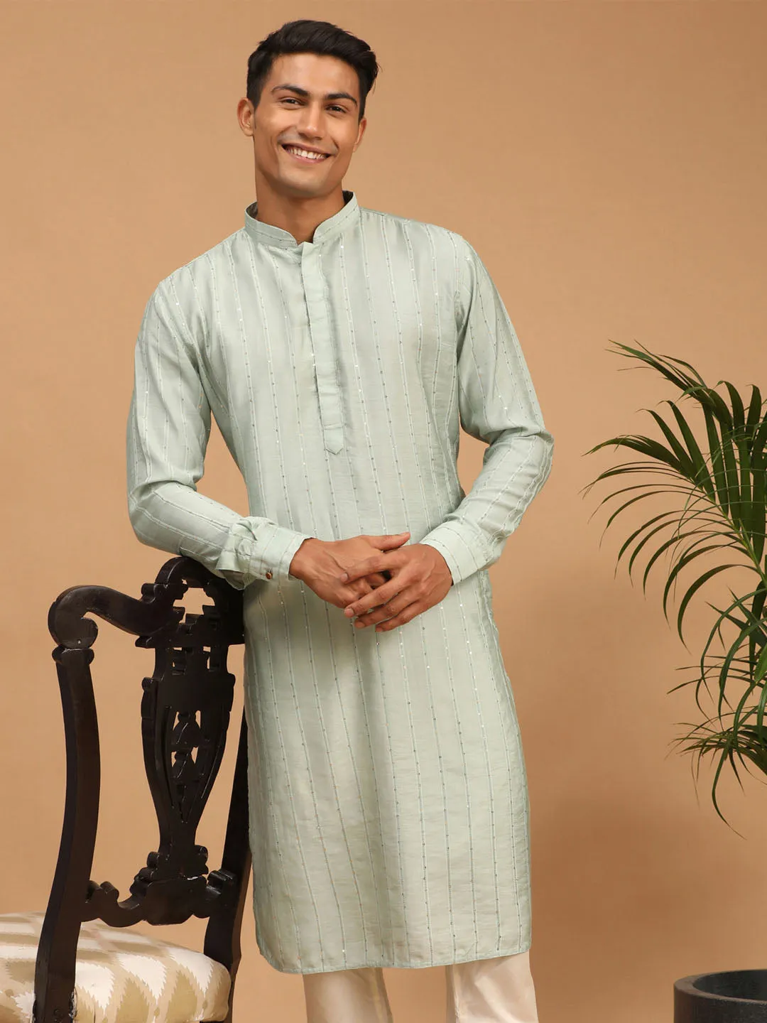 SHRESTHA By VASTRAMAY Men's Light Green Sequined Kurta