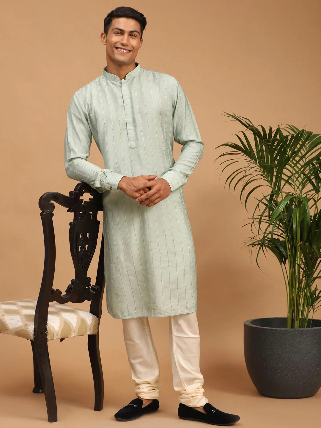 SHRESTHA By VASTRAMAY Men's Light Green Sequined Kurta