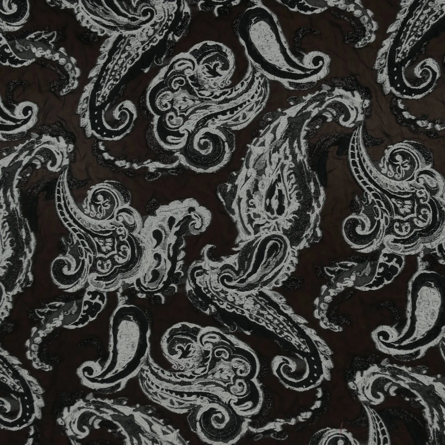 Silver Abstract Paisleys on a Black Background Textured Brocade Fabric