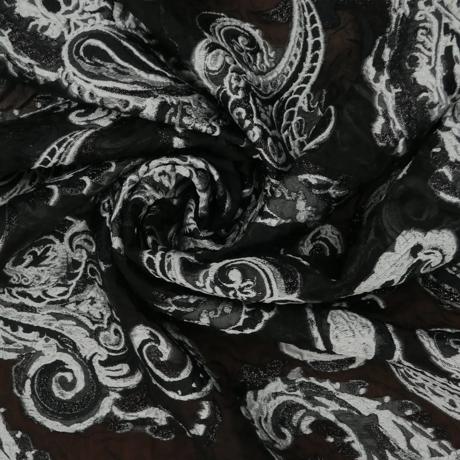 Silver Abstract Paisleys on a Black Background Textured Brocade Fabric