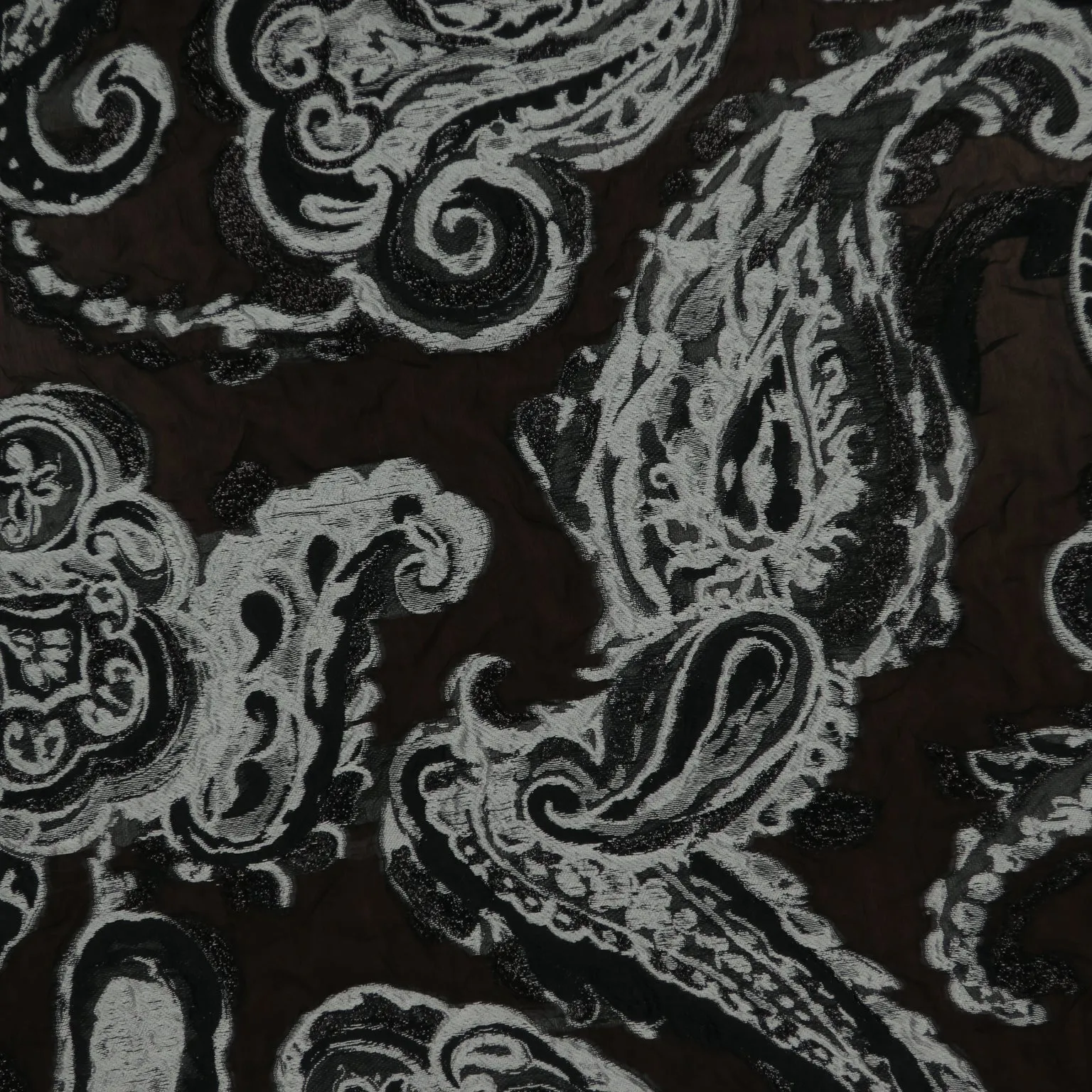 Silver Abstract Paisleys on a Black Background Textured Brocade Fabric