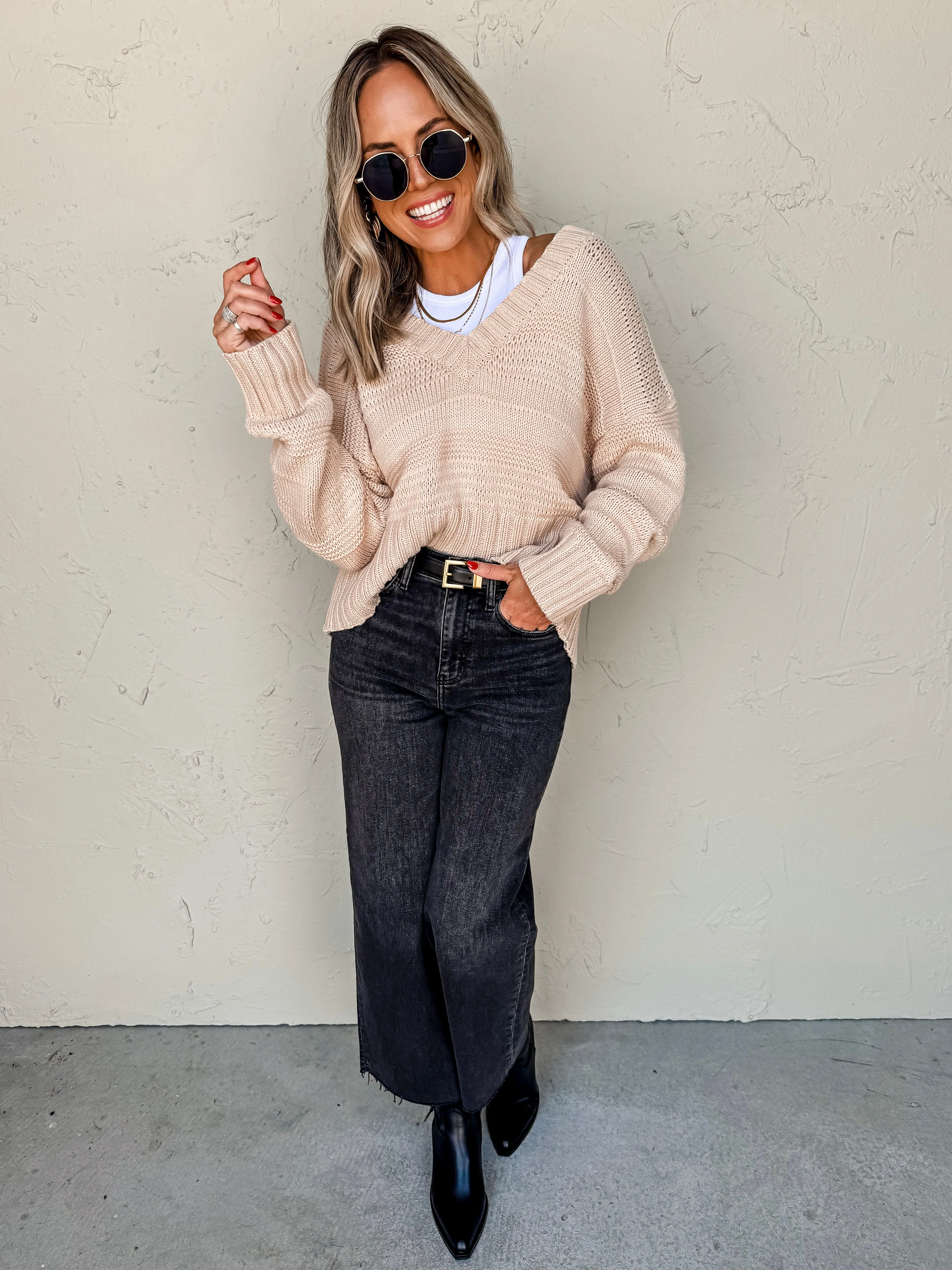 Simple Mood V Neck Sweater-Beige