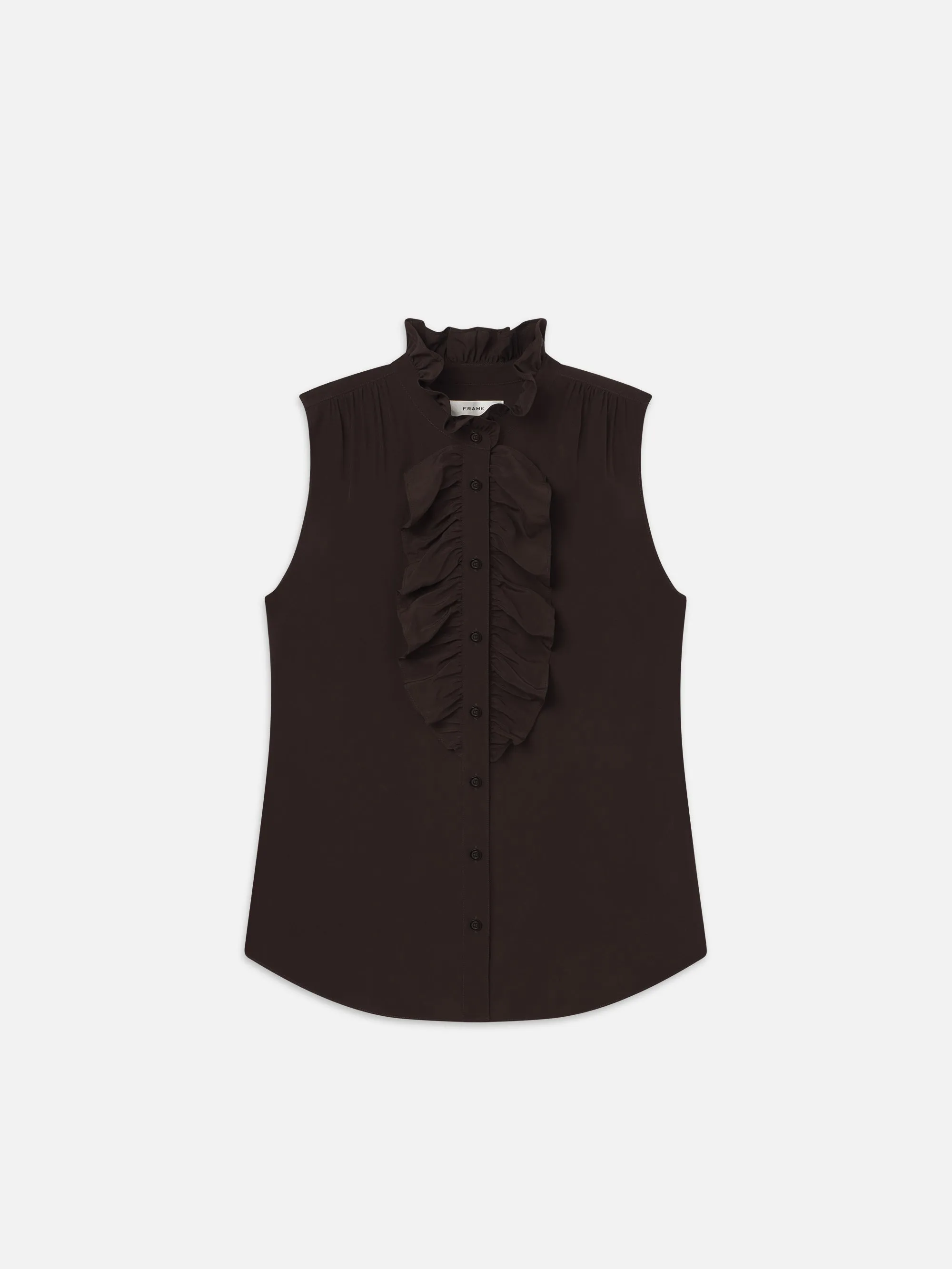 Sleeveless Ruffle Front Blouse -- Espresso