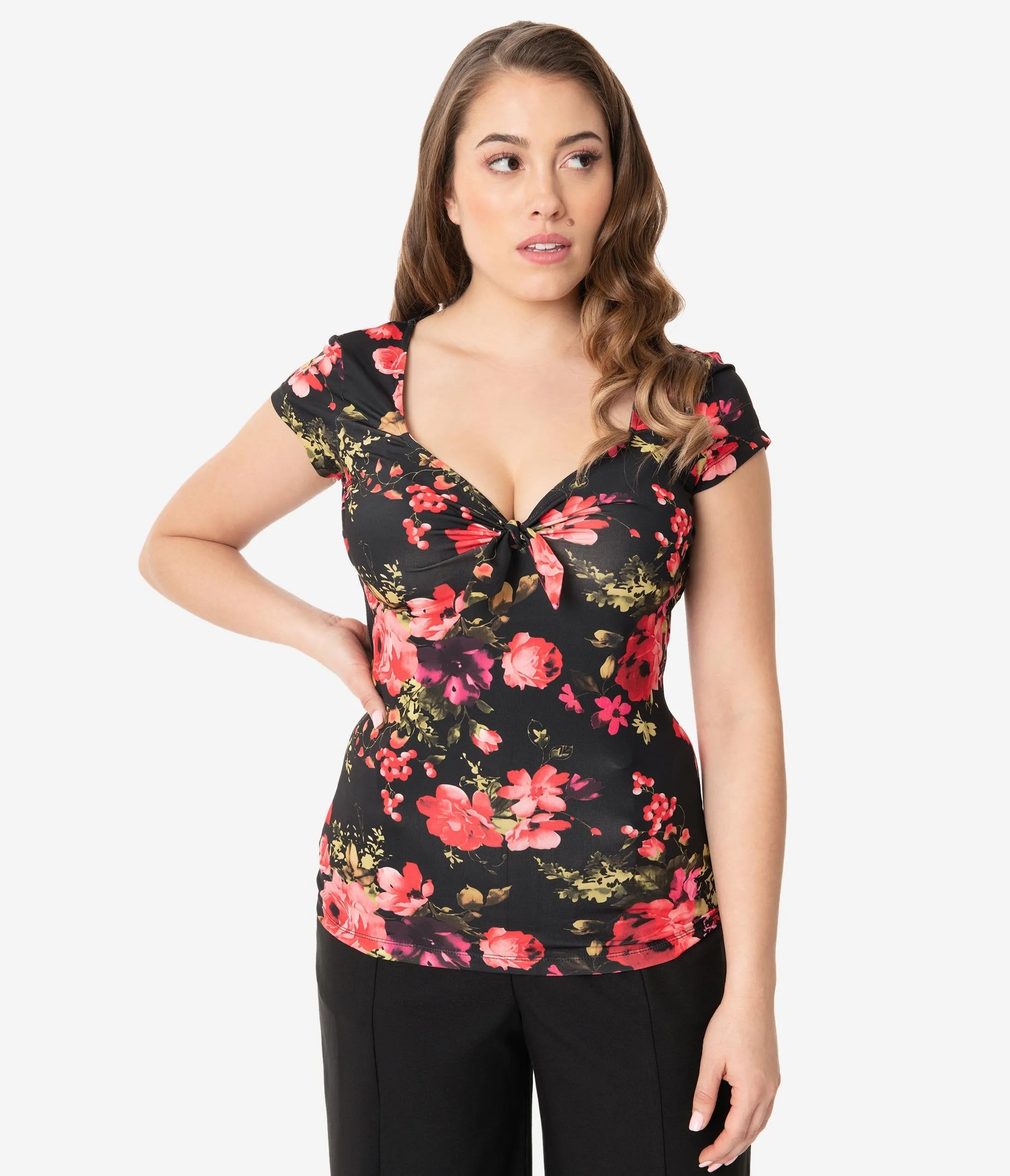 Unique Vintage 1950s Black & Red Floral Sweetheart Rosemary Top