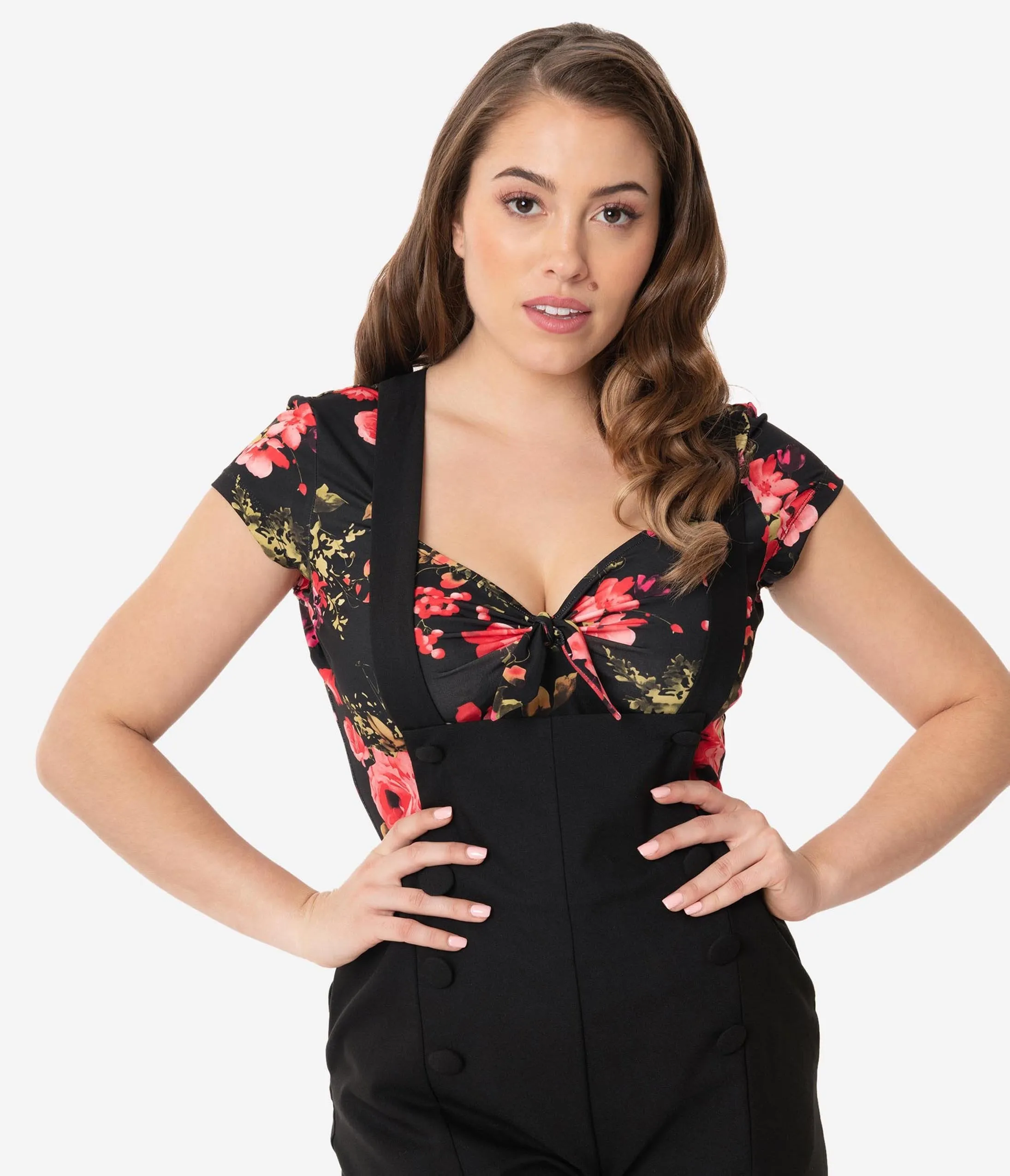 Unique Vintage 1950s Black & Red Floral Sweetheart Rosemary Top