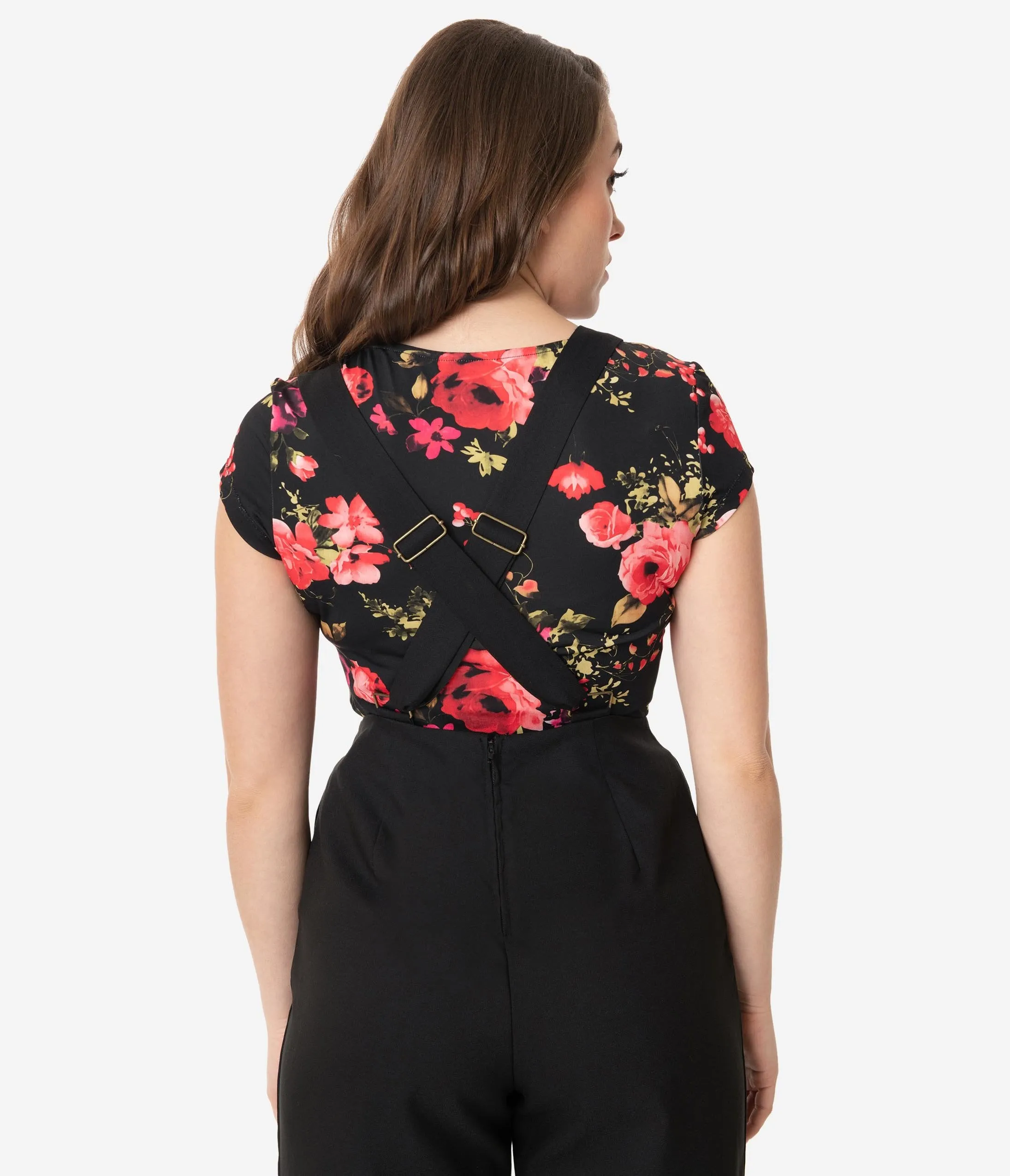 Unique Vintage 1950s Black & Red Floral Sweetheart Rosemary Top