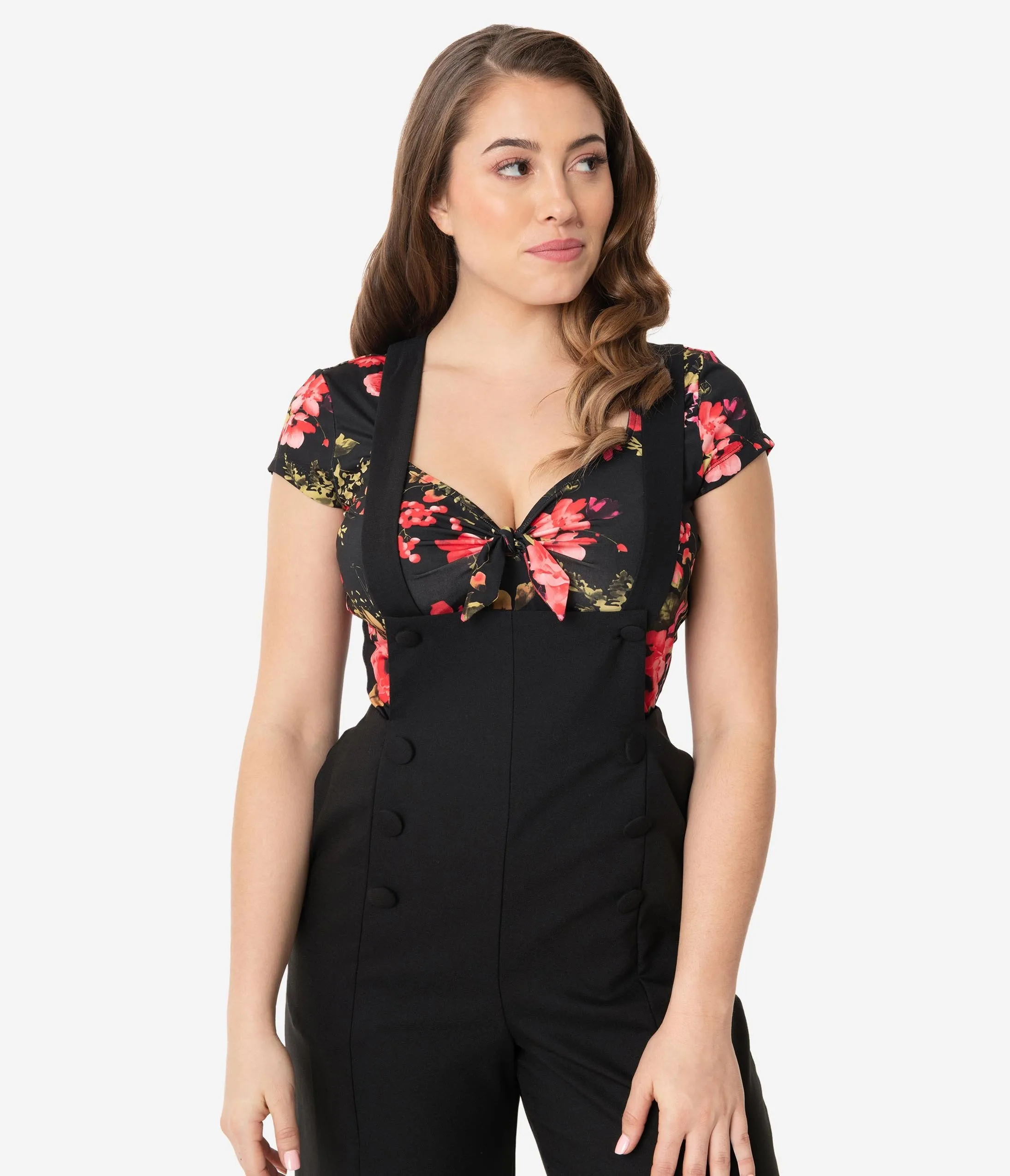 Unique Vintage 1950s Black & Red Floral Sweetheart Rosemary Top