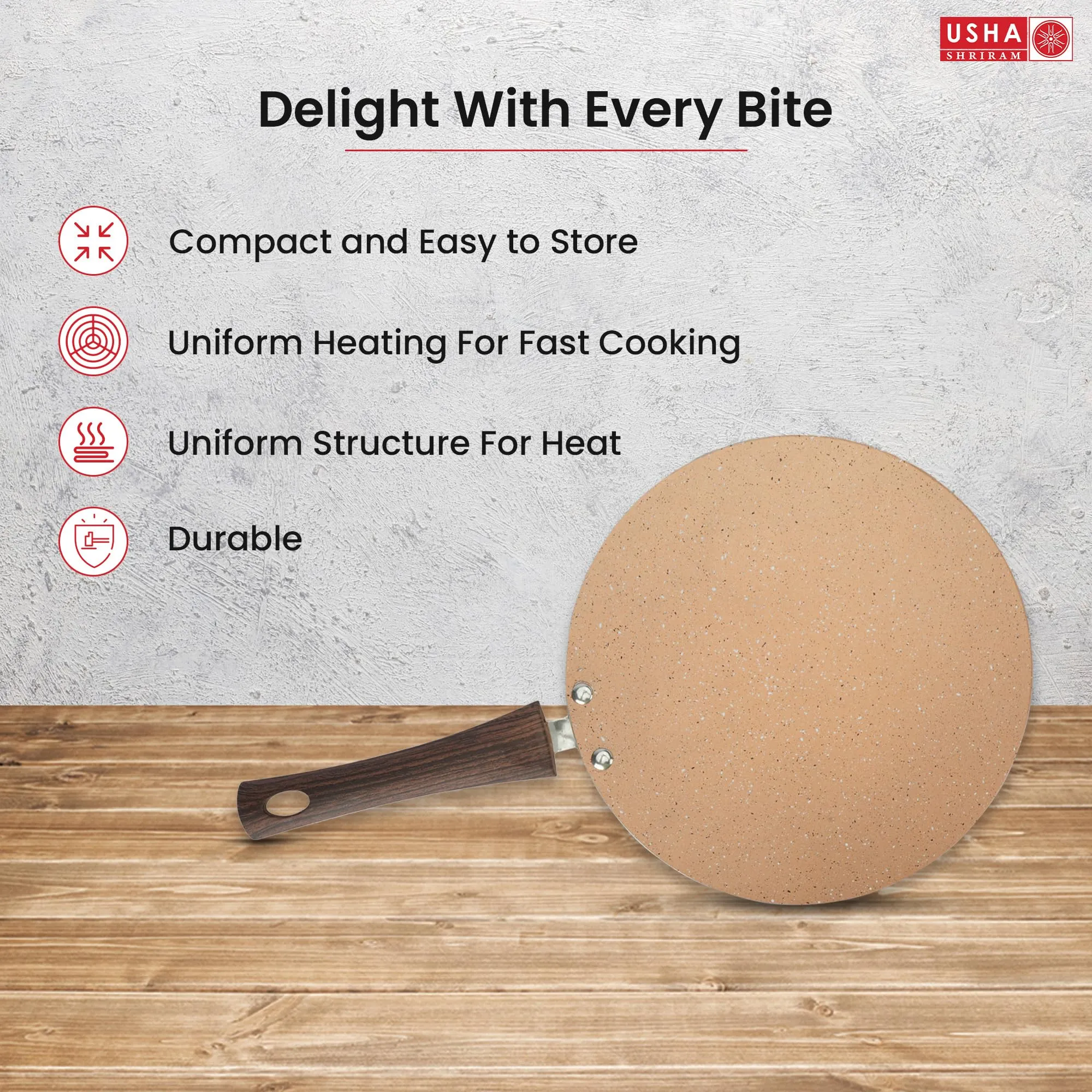 USHA SHRIRAM (24cm Majestic Midnight Non Stick Roti Tawa with Riveted Handle | High Grade Aluminium | Scratch Resistant Surface | Roti Dosa Tawa Nonstick | Non Stick Pan (Golden)