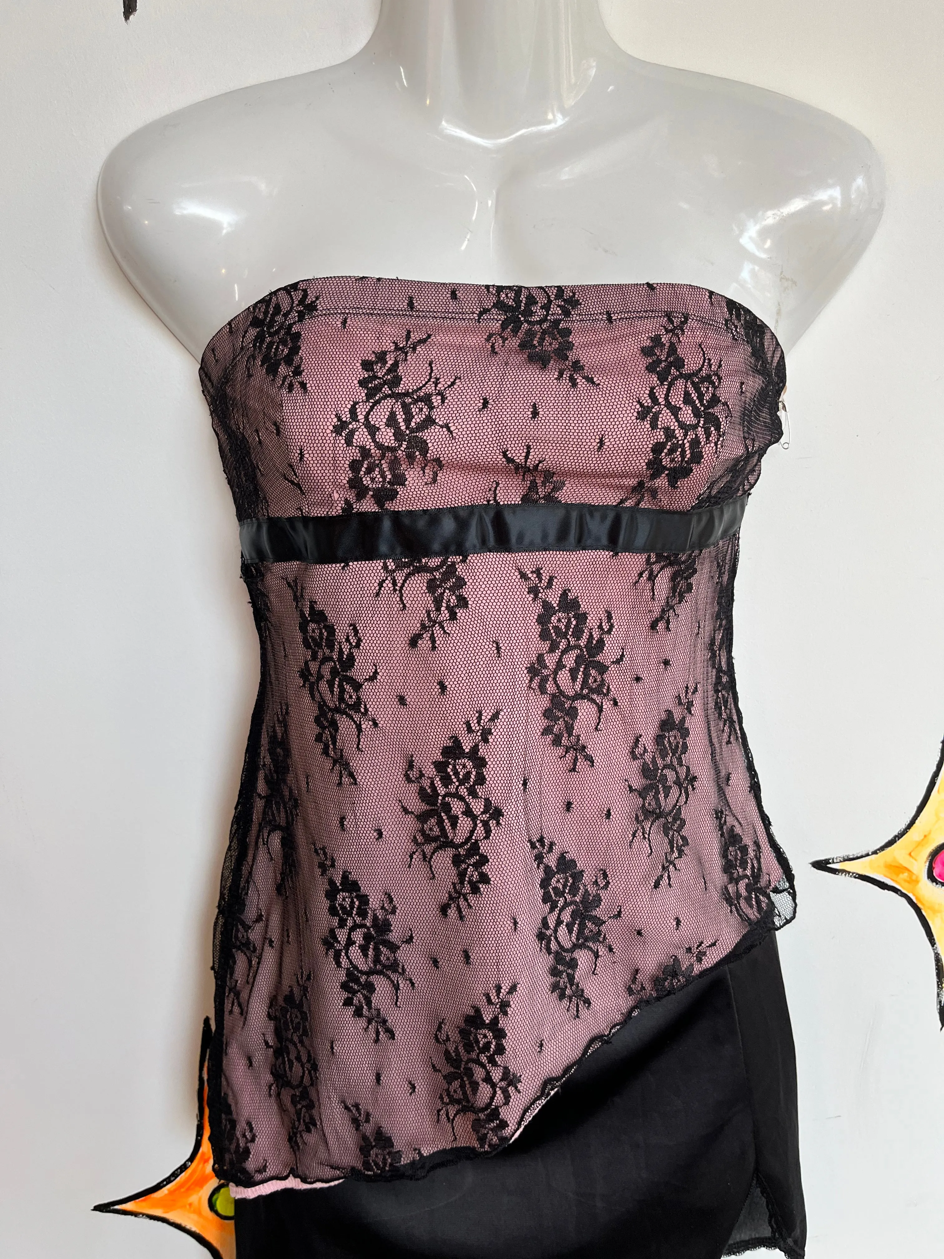 Vintage 90s Y2K | Rave Pink and Black Lace Romantic Goth Bustier Tube Top | Small