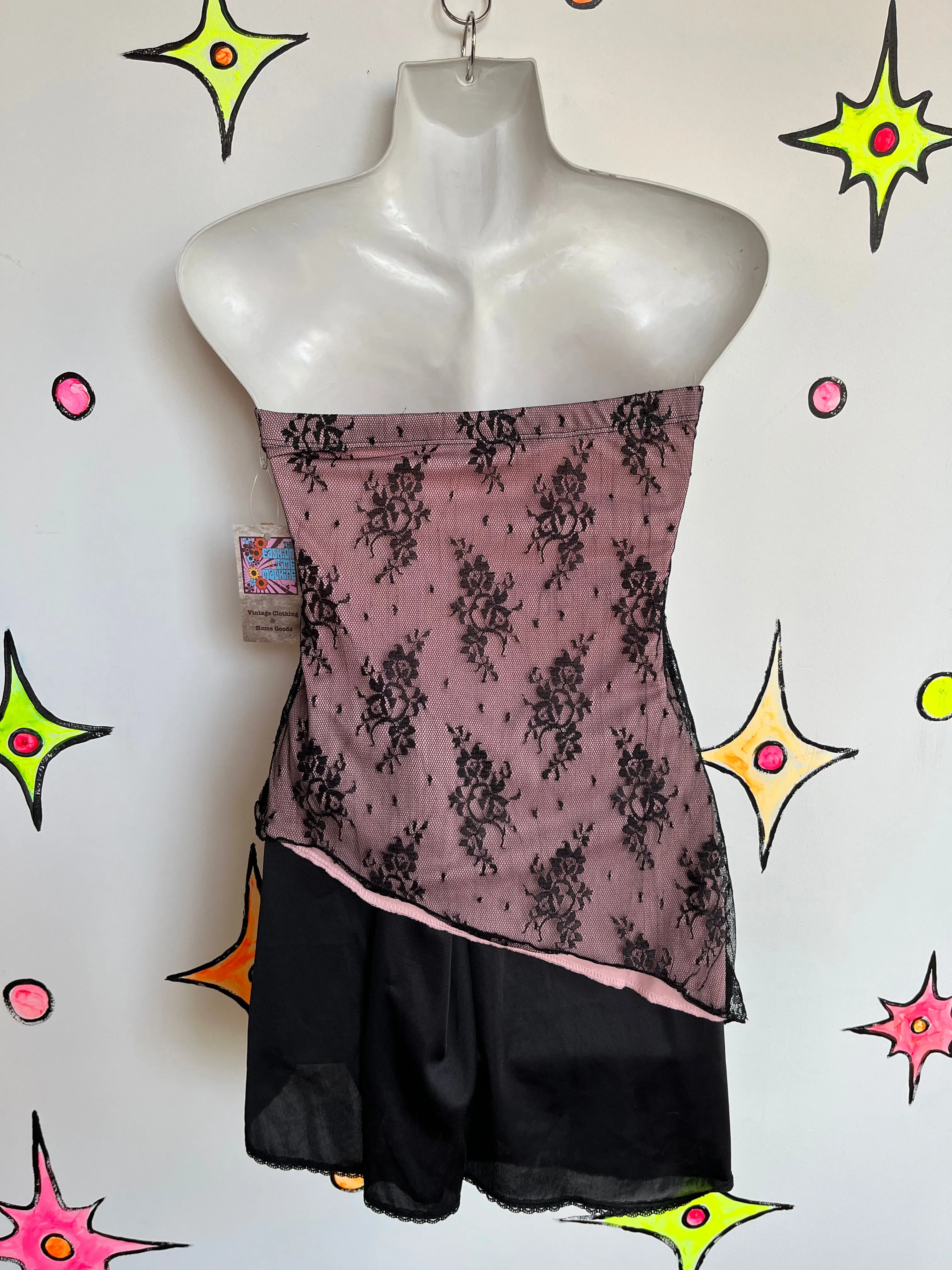 Vintage 90s Y2K | Rave Pink and Black Lace Romantic Goth Bustier Tube Top | Small