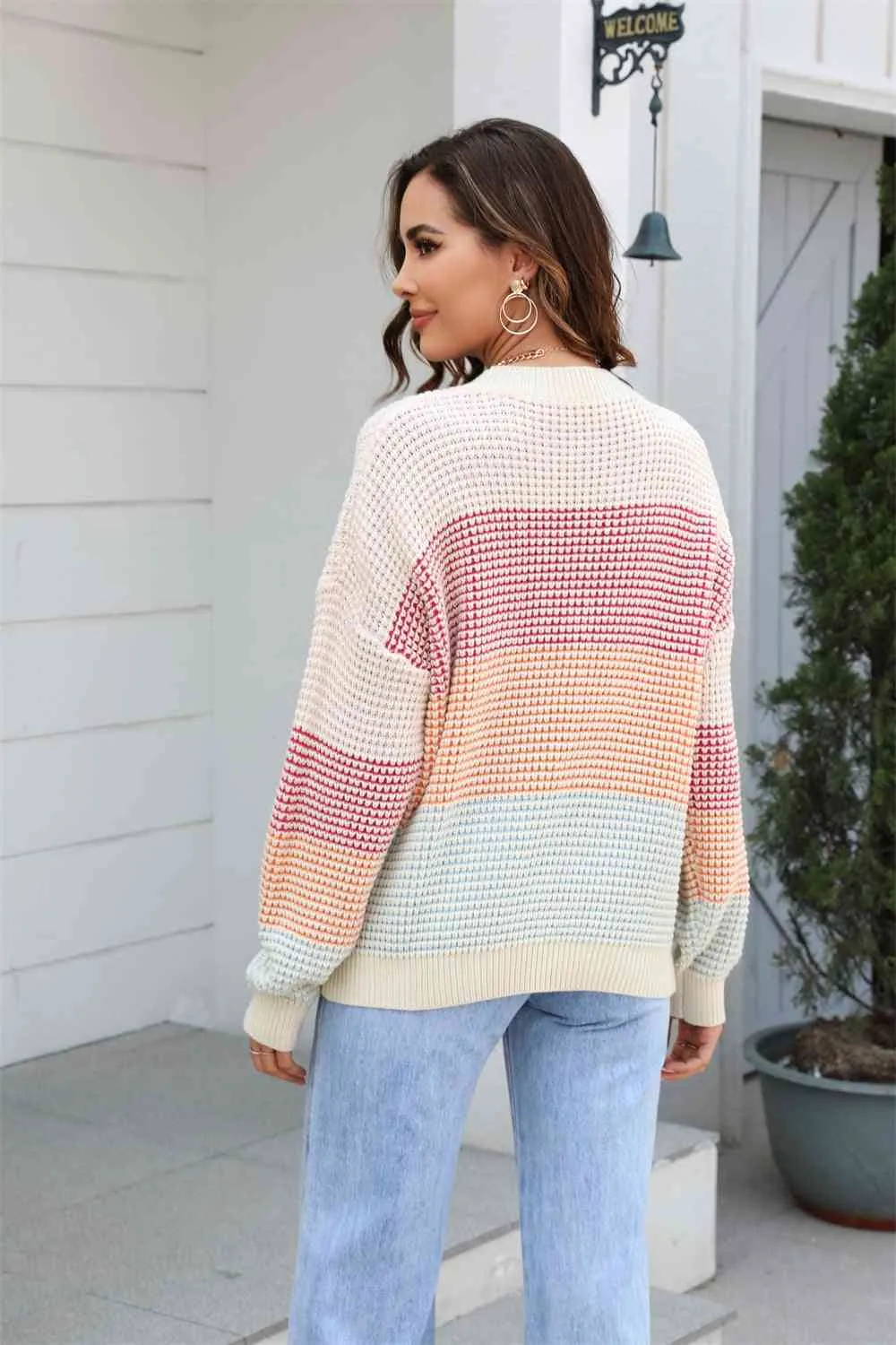 Waffle-Knit Round Neck Dropped Shoulder Color Block Sweater