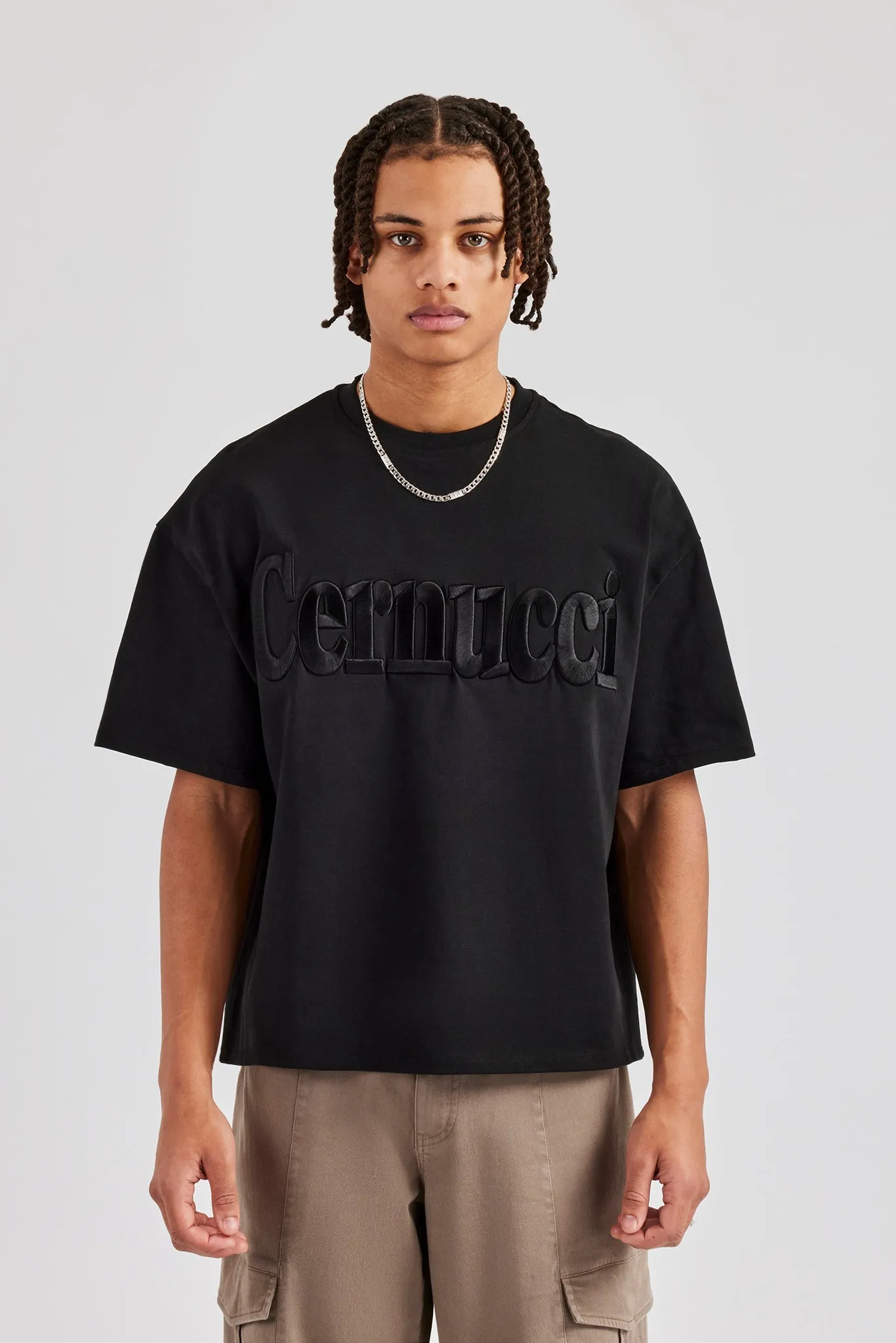 Washed Embroidered Boxy T-Shirt - Black