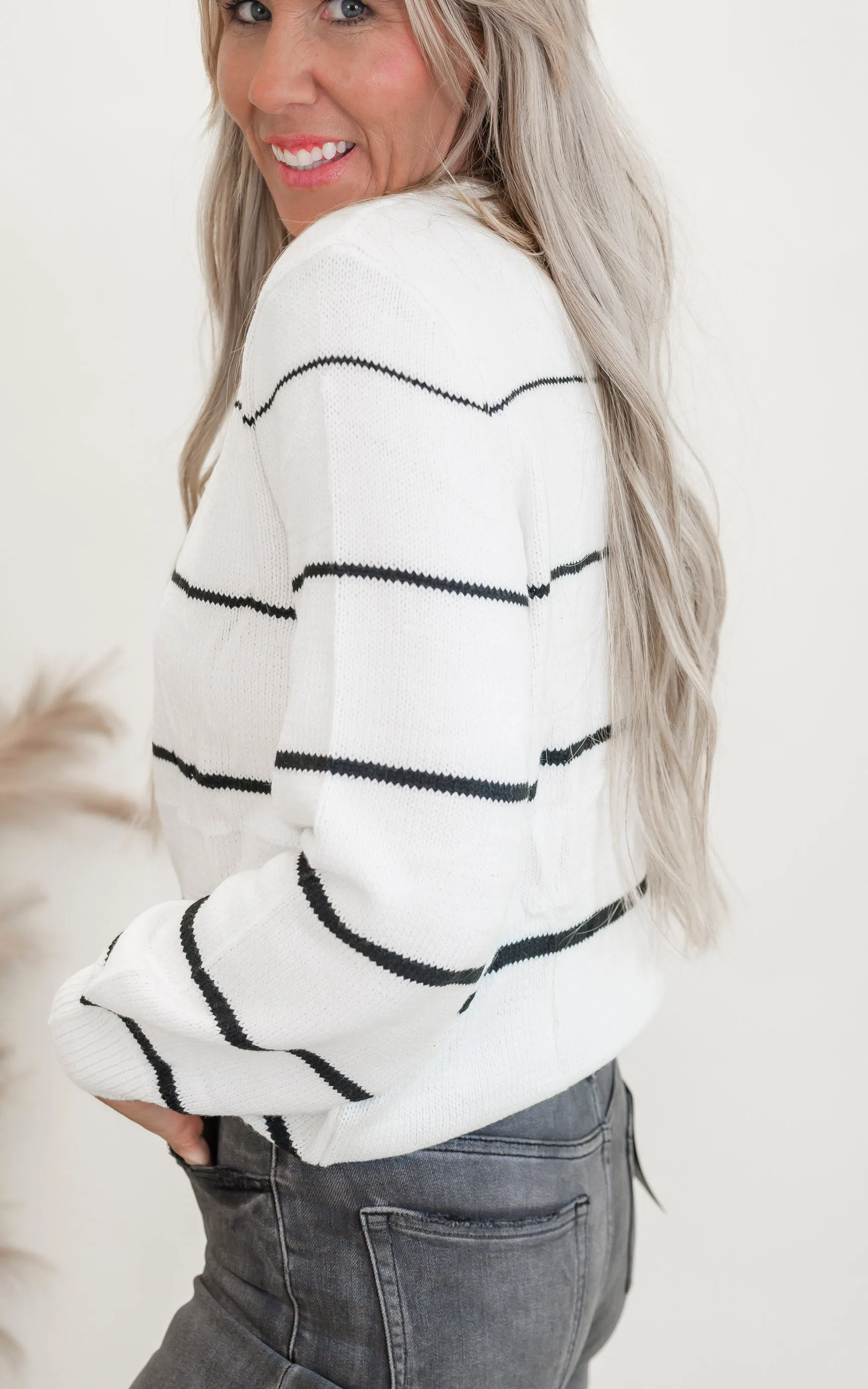 White Striped Lightweight Cable Knit Sweater Top