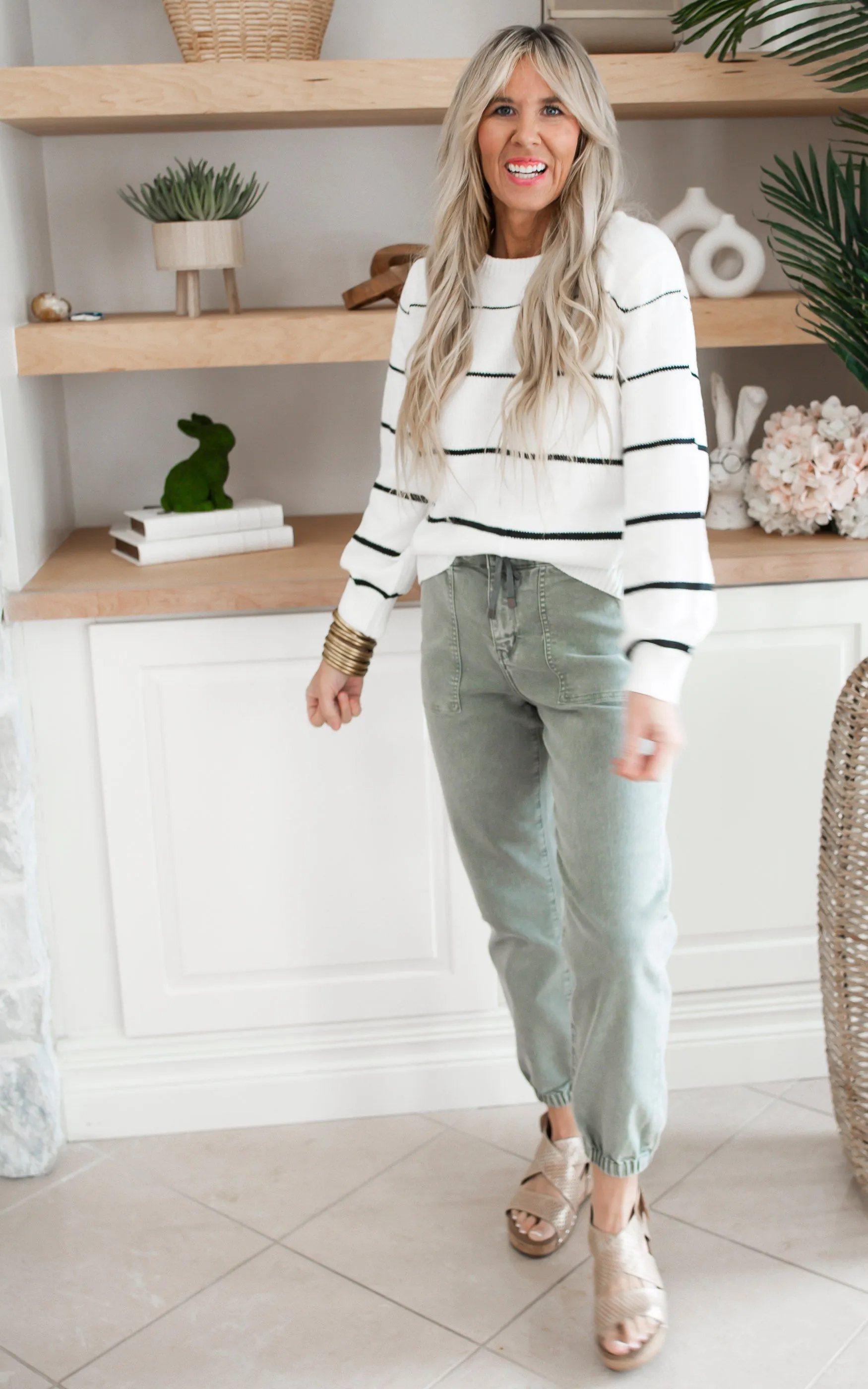 White Striped Lightweight Cable Knit Sweater Top