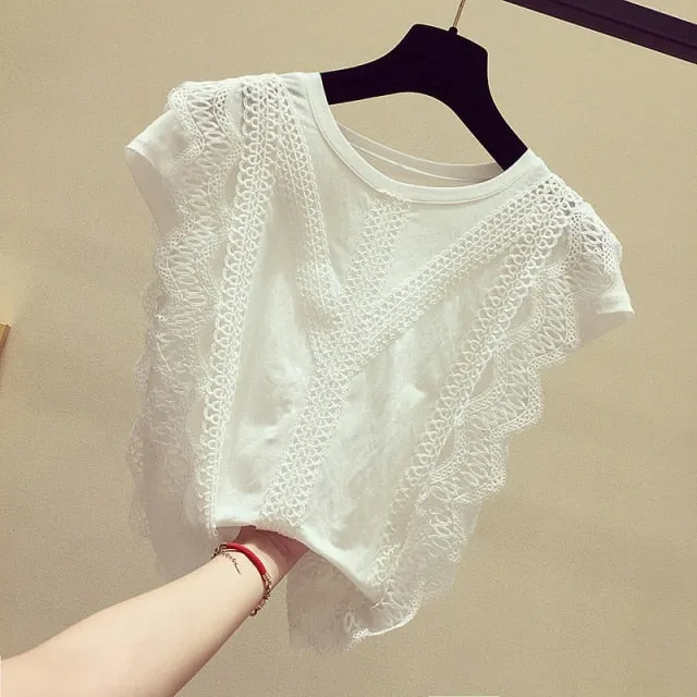 Women Lace Knitted Blouse | Short Sleeve Blouses Tops | Solid Color Shirt blouse Top | Women Girl Blouse | Women Lace Blouses | Romantic Top