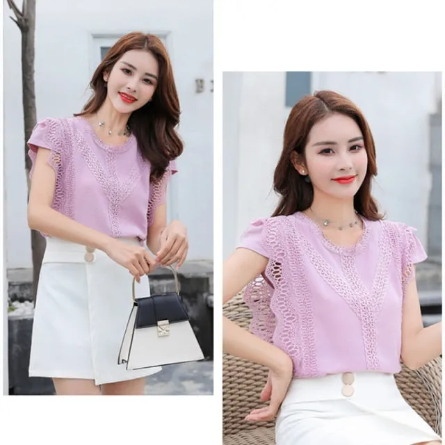 Women Lace Knitted Blouse | Short Sleeve Blouses Tops | Solid Color Shirt blouse Top | Women Girl Blouse | Women Lace Blouses | Romantic Top