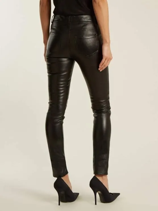 Women's Black Slim Skinny Fit Leather Pants WP26