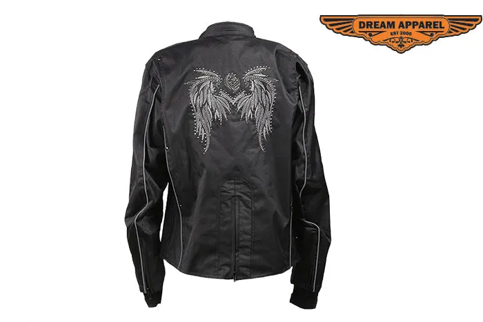 Womens Textile Motorcycle Jacket With Black Hoodie & Wings