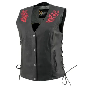 Xelement XS24006 Women's ‘Gemma’ Black and Red Motorcycle Rider Leather Vest with Side Laces